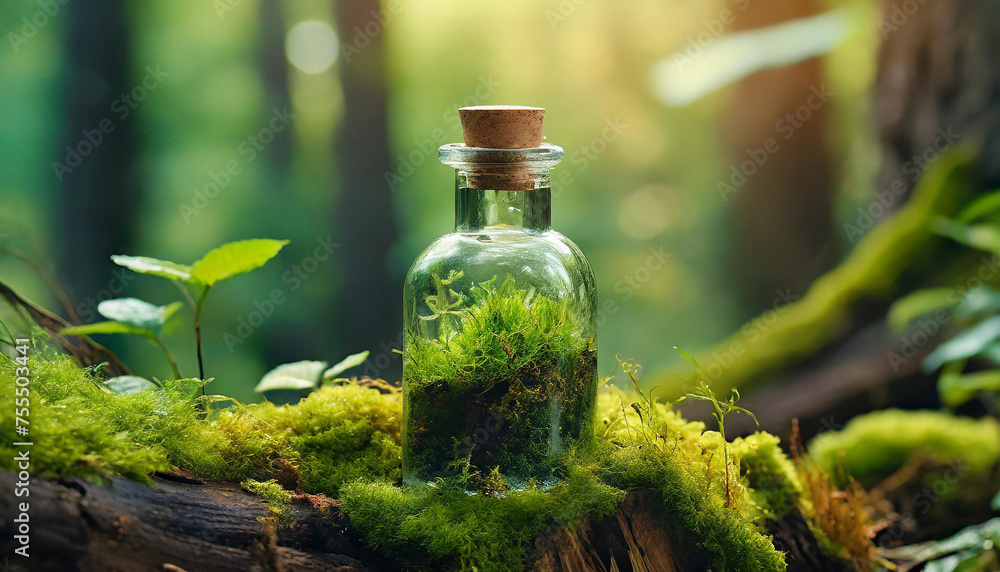 Small glass bottle filled with green plant inside on top of tree stump. Micro botanical ecosystem. Small glass bottle filled with green plant inside on top of tree stump. Micro botanical ecosystem.