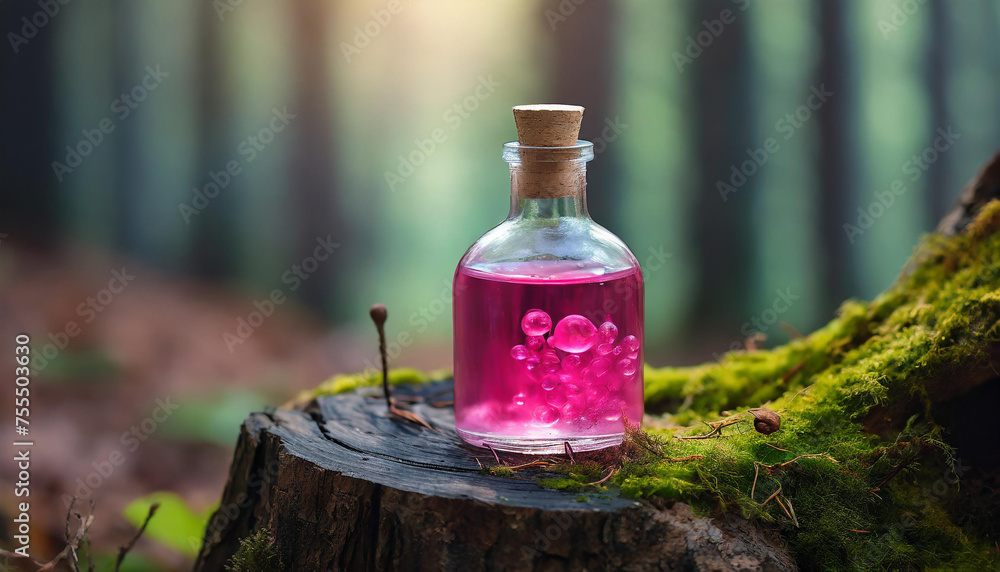 Small glass bottle filled with magic pink poison on top of tree stump. Magical elixir. Small glass bottle filled with magic pink poison on top of tree stump. Magical elixir.