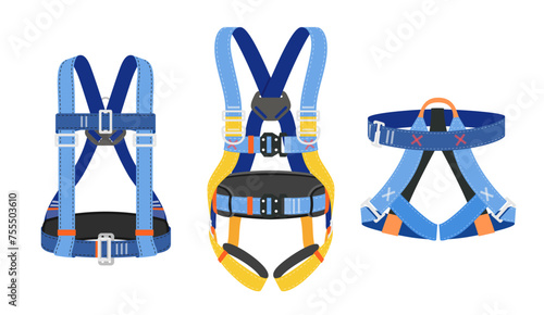 Climbing harness security rope for extreme sport alpinism vertical support set vector flat