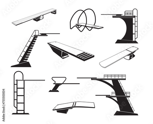 Diving board icon swimming pool sport tool black monochrome set isometric vector illustration