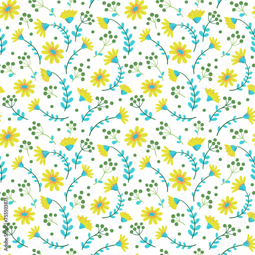 Seamless botanical pattern with yellow flowers and leaves. Seamless vector texture. Ditsy print.