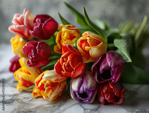 Ramillete de tulipanes posados sobre encimera y fondo gris oscuro, visto lateral, hermosas flores, Primavera eventos, celebraciones, motivos especiales, regalos exquisitos, amor y naturaleza