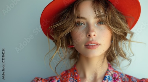 A fashion-forward portrait featuring a young woman in a vibrant red hat, her confident yet soft gaze complemented by a floral ensemble.