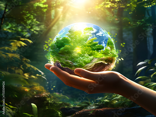 concept-art-depicting-hands-cradling-a-luminous-earth-nestled-in-a-verdant-forest-with-sunlight