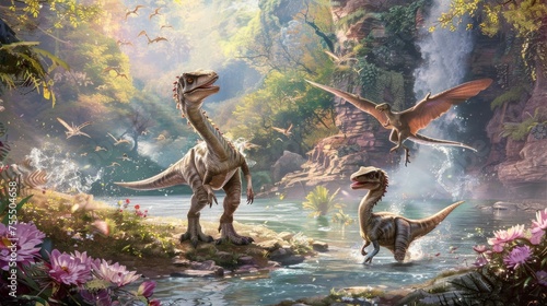 A dynamic scene of velociraptors and a soaring pterosaur near a cascading waterfall surrounded by lush prehistoric flora and fauna. © doraclub