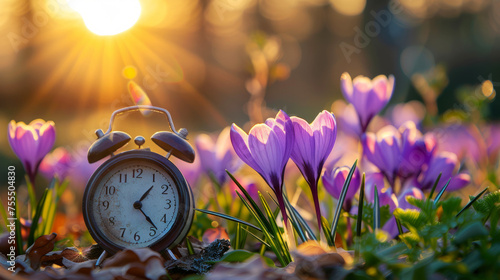 Vintage alarm clock surrounded by purple crocuses in a spring sunset
