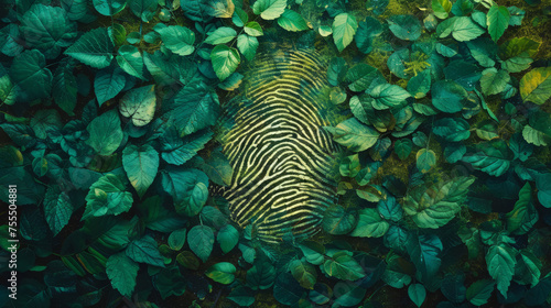 Artistic human fingerprint merged with lush greenery for identity concepts #755504881