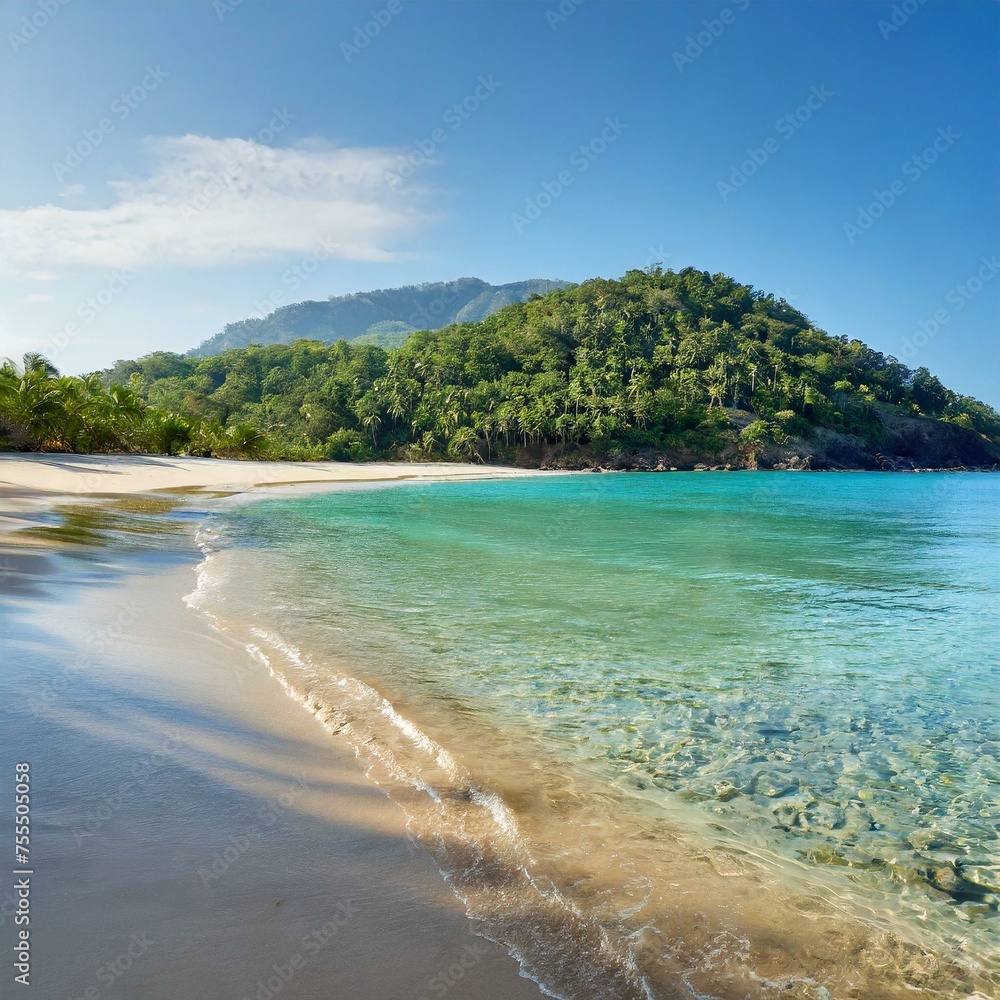 Tropical Beach Paradise: A pristine sandy beach with crystal-clear waters.