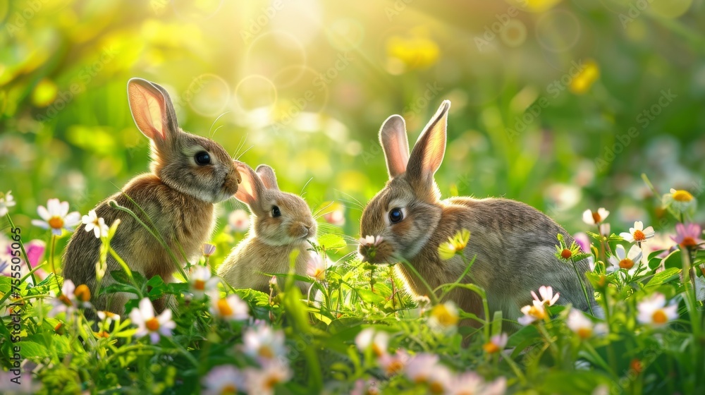 Obraz premium Three adorable rabbits enjoy a sunny day among colorful spring flowers, evoking a sense of renewal and joy.