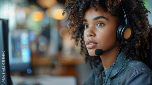 Focused call center representative with headset in office setting © Robert Kneschke