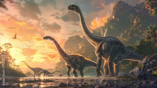A herd of Brachiosaurus dinosaurs stands by a riverbank  their silhouettes majestic against the dramatic sunset sky filled with flying pterosaurs and distant lightning.