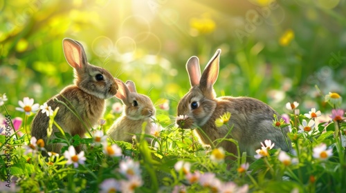 Three adorable rabbits enjo...