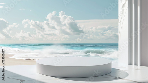 A white platform for displaying products with a background of a beach with bright blue water. Ai generate.