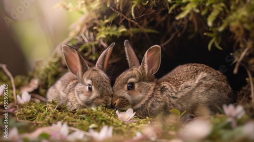 Two wild rabbits find comfort and warmth nestling together in a cozy, moss-covered den surrounded by spring flowers. © doraclub