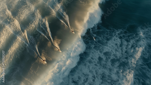 Surfers on ocean waves, aerial view