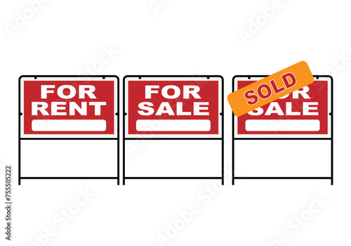 Iconos de cartel de compra, venta y alquiler de viviendas, casas o residencias. Negocios del sector inmobiliario photo