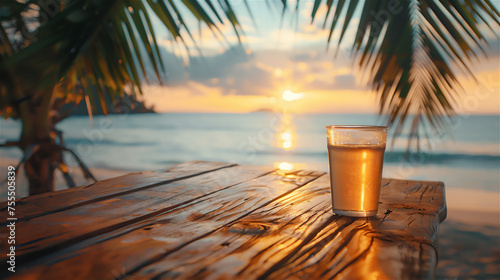 Empty table for placing products  under a coconut tree  background of sunset on the beach in spring