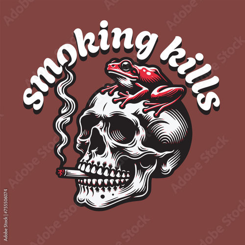 skeleton with cigarettes and frog on top head smoking kills text black outline vector illustration