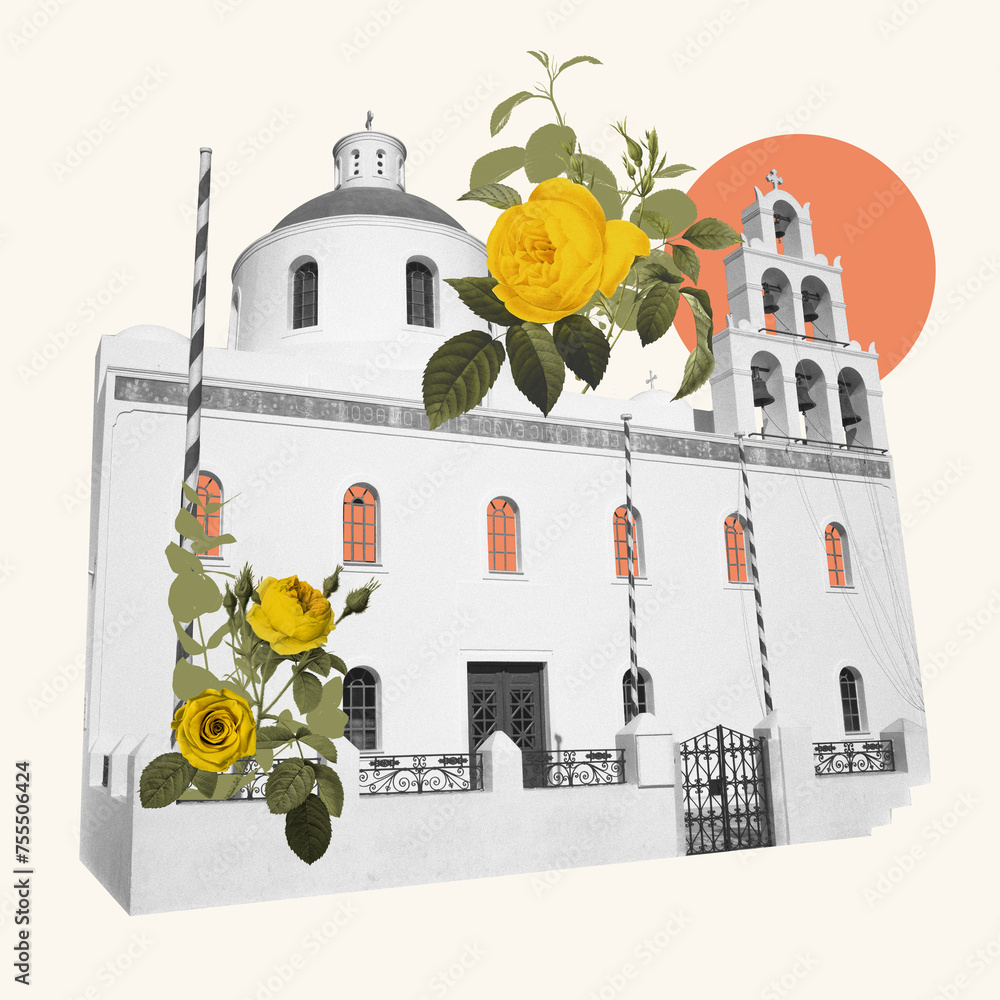 Fototapeta premium Creative collage with black and white illustration of church with a bell tower and yellow rose flowers. Gothic architectural style. Concept of architecture, creative vision, spring and summer vibe