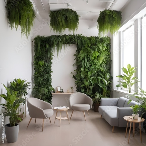 a waiting room  an eco-friendly office or an eco-friendly and minimalistic company   plants and a wall of greenery