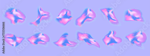 Aura neon y2k gradient grain abstract shape set. Blur y2k fluid irregular organic element. Blur gradient neon mesh. Vector illustration