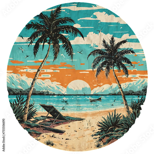 Summer Vibes fashion T-shirt design for men and women with a beach boat and palm tree. © Kolinaz Creative