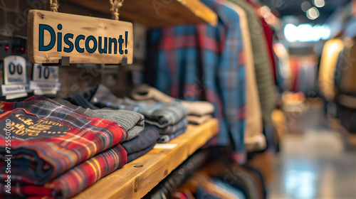The words "Discount! " on a wooden board, bokeh clothing shop background