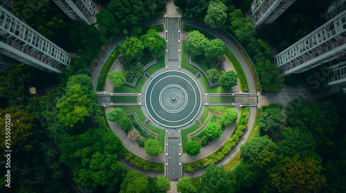 Symmetrical city architecture development scenic aerial view, picturesque beautiful harmony perspective of a green idyllic town