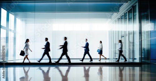 Dynamic long exposure of employees moving in an office corridor.