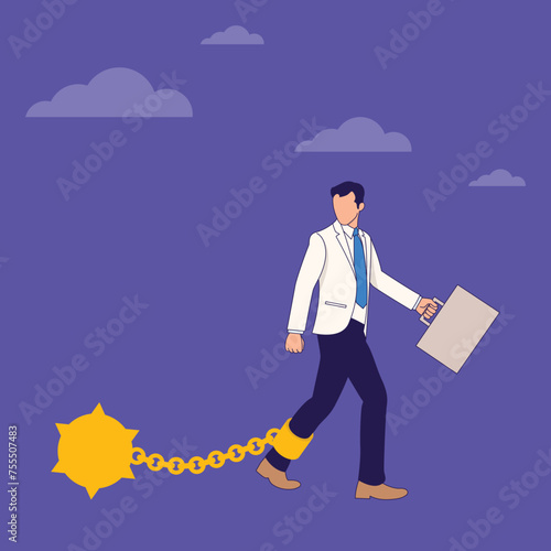 Business debt and chained with large steel ball