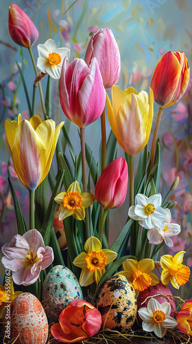 Vibrant tulips and daffodils framing an Easter egg hunt #755507628