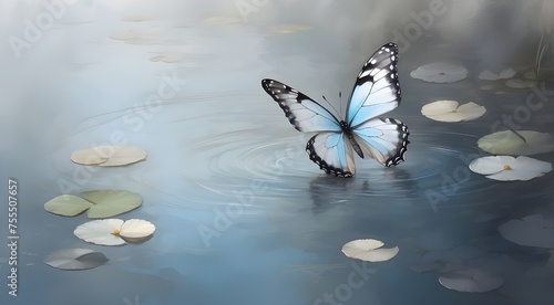 butterfly on a flower , A dreamy butterfly with soft shades of grey and blue, floating gracefully over a tranquil pond. photo