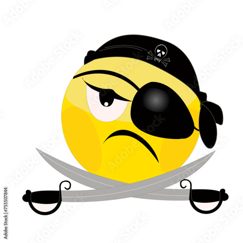 Expression d'un visage de corsaire sur émoticône, avec bandeau sur un oeil et deux sabres se croisant