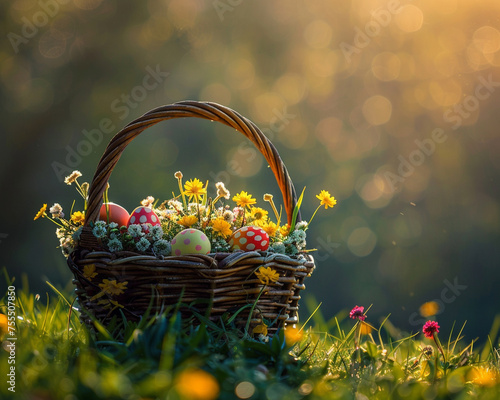Easter basket filled with colorful eggs and spring blooms captured in the golden hour light