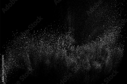 White grainy texture. Abstract dust overlay. Grain noise. White explosion on black background. Splash light realistic effect. Vector illustration, eps 10.	
