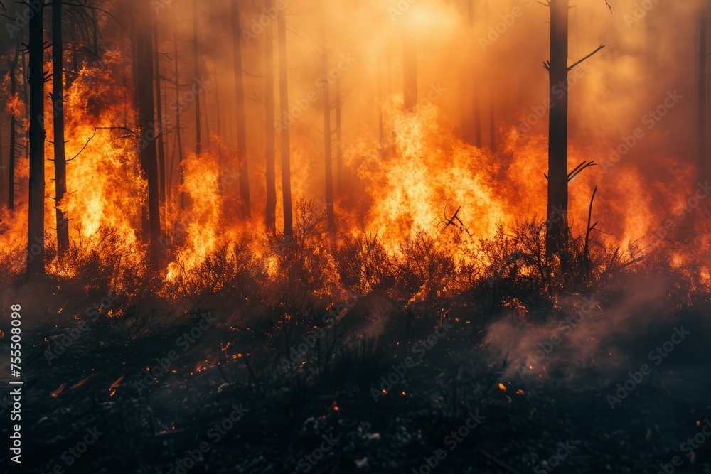 Dramatic orange sky over forest fire Dramatic orange sky over forest fire