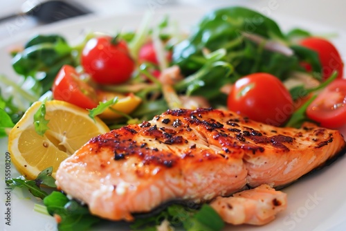Grilled Salmon Fillet Served With Fresh Salad and Lemon on a Plate