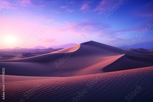 A surreal desert landscape bathed in the soft glow of twilight  with towering sand dunes stretching to the horizon. 