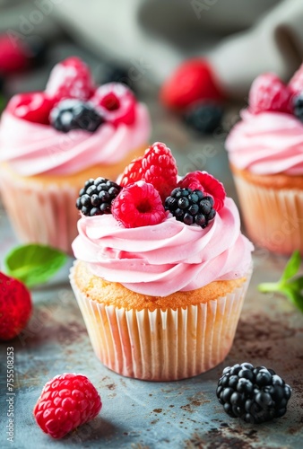 Assorted Berry-Topped Cupcakes With Pink Icing