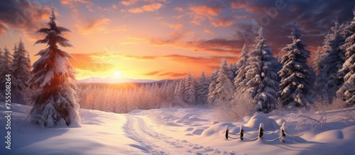 A painting depicting snow-covered trees lining a rural road as the sunset casts a warm glow on the wintry scene. The setting sun creates a beautiful contrast against the white snow.