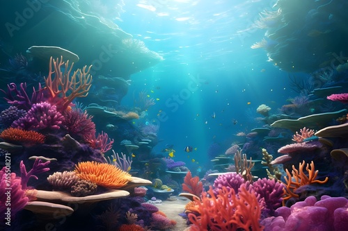 A surreal underwater landscape teeming with vibrant coral reefs  exotic fish  and swaying sea plants. 