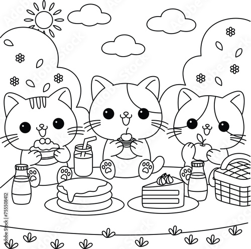 Three cute cats are going on a picnic coloring page.