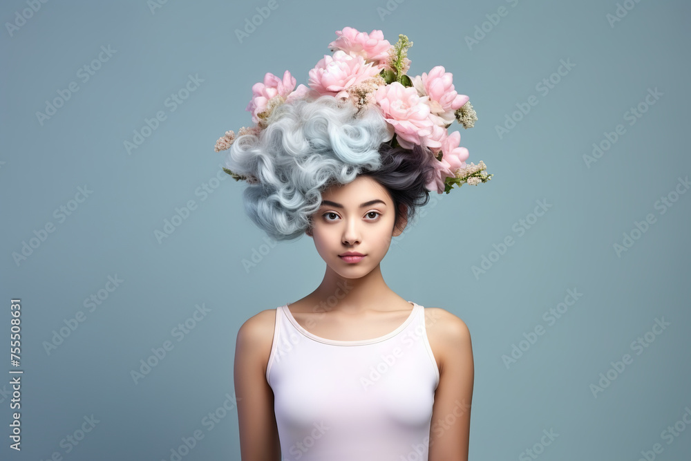 portrait of happy young Asian woman with artistic composition in her hair, made of flowers, black hair
