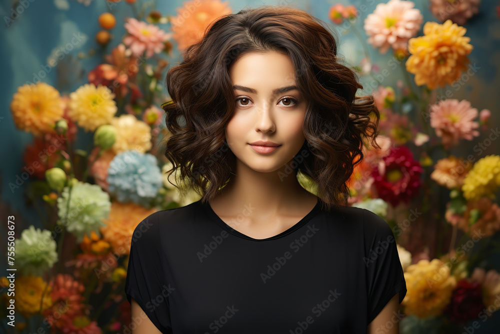 portrait of happy young Asian woman with flower bouquet, black hair, on blue portrait of happy young Asian woman with flower bouquet, black hair, on blue