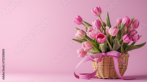 Pink tulips in basket with ribbons, isolated on pink background #755508614