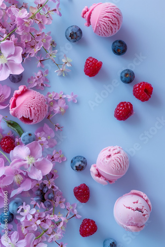Homemade berry fruit ice cream scoop on pastel purple blue background. Gelato banner with copy space.