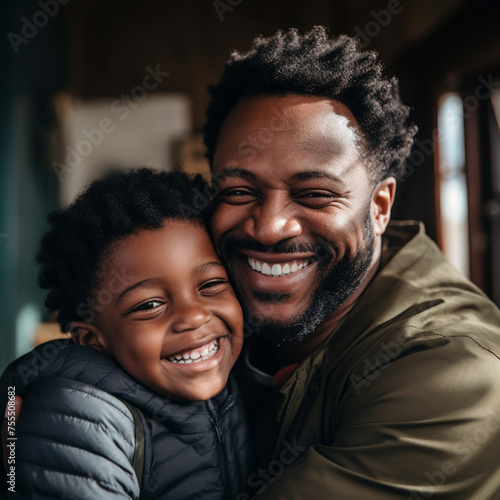  Black father hugging his son.