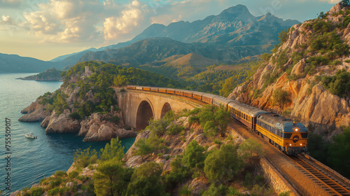 A train on a mountain bridge with a beautiful sunset landscape, scenic aerial view