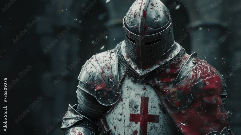 Portrait of Medieval crusader Warrior with armour and red cross. Cloud smoke on Background - obrazy, fototapety, plakaty 