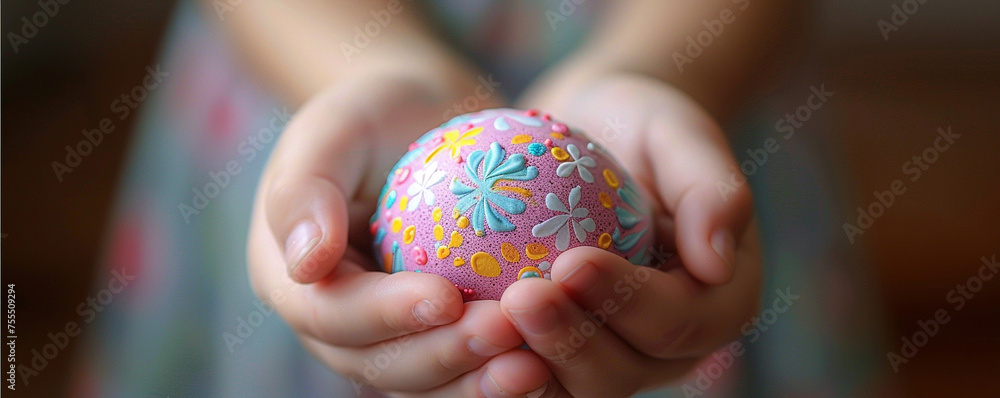 Easter egg painted in a child hands, close-up,selective focus Easter egg painted in a child hands, close-up,selective focus